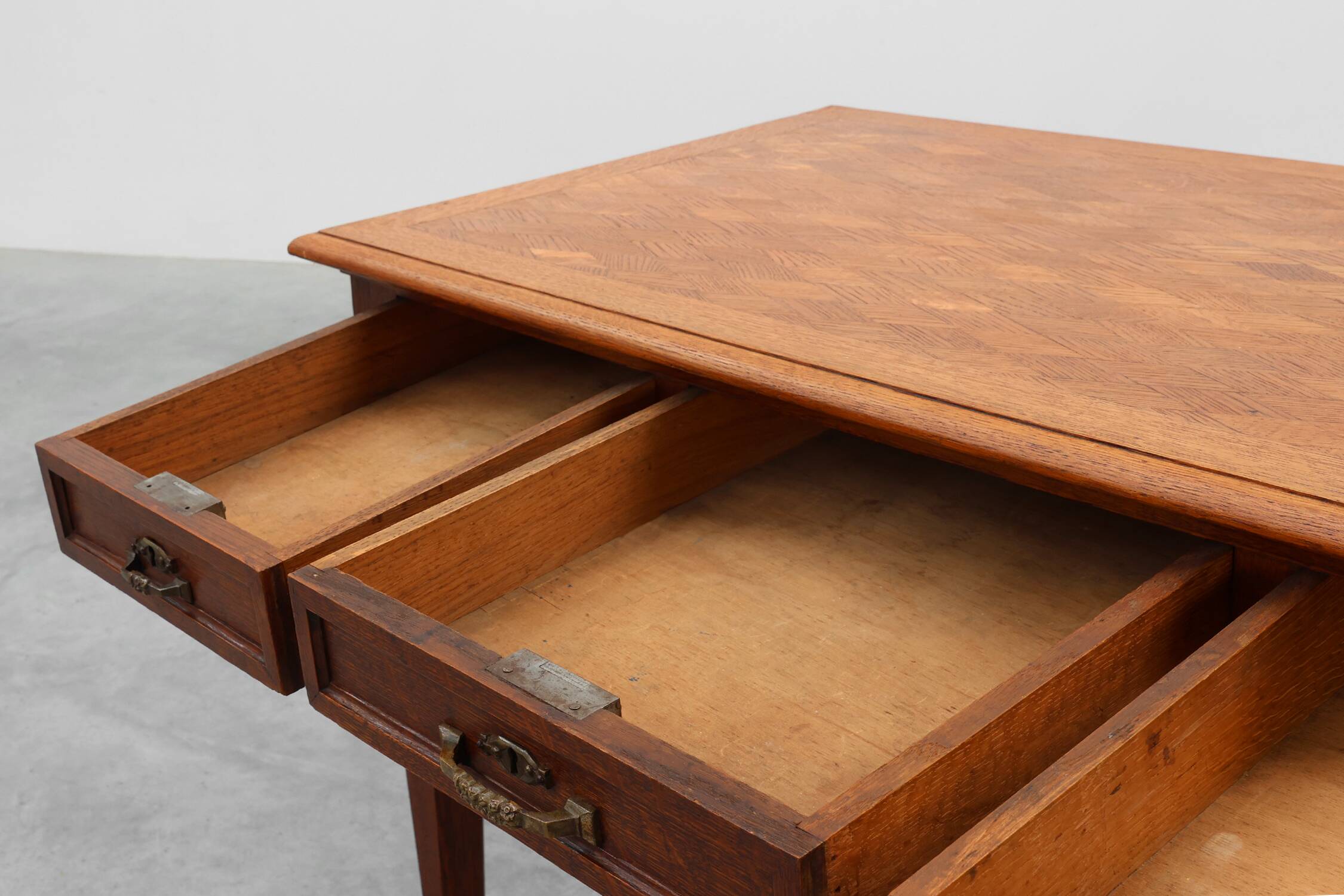 Art Deco carved oak Desk or Table with copper details, Belgium 1920s