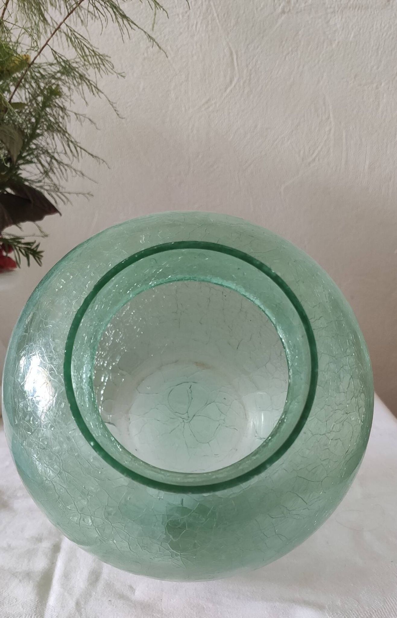 Cracked glass round vase in water green, 19 cm