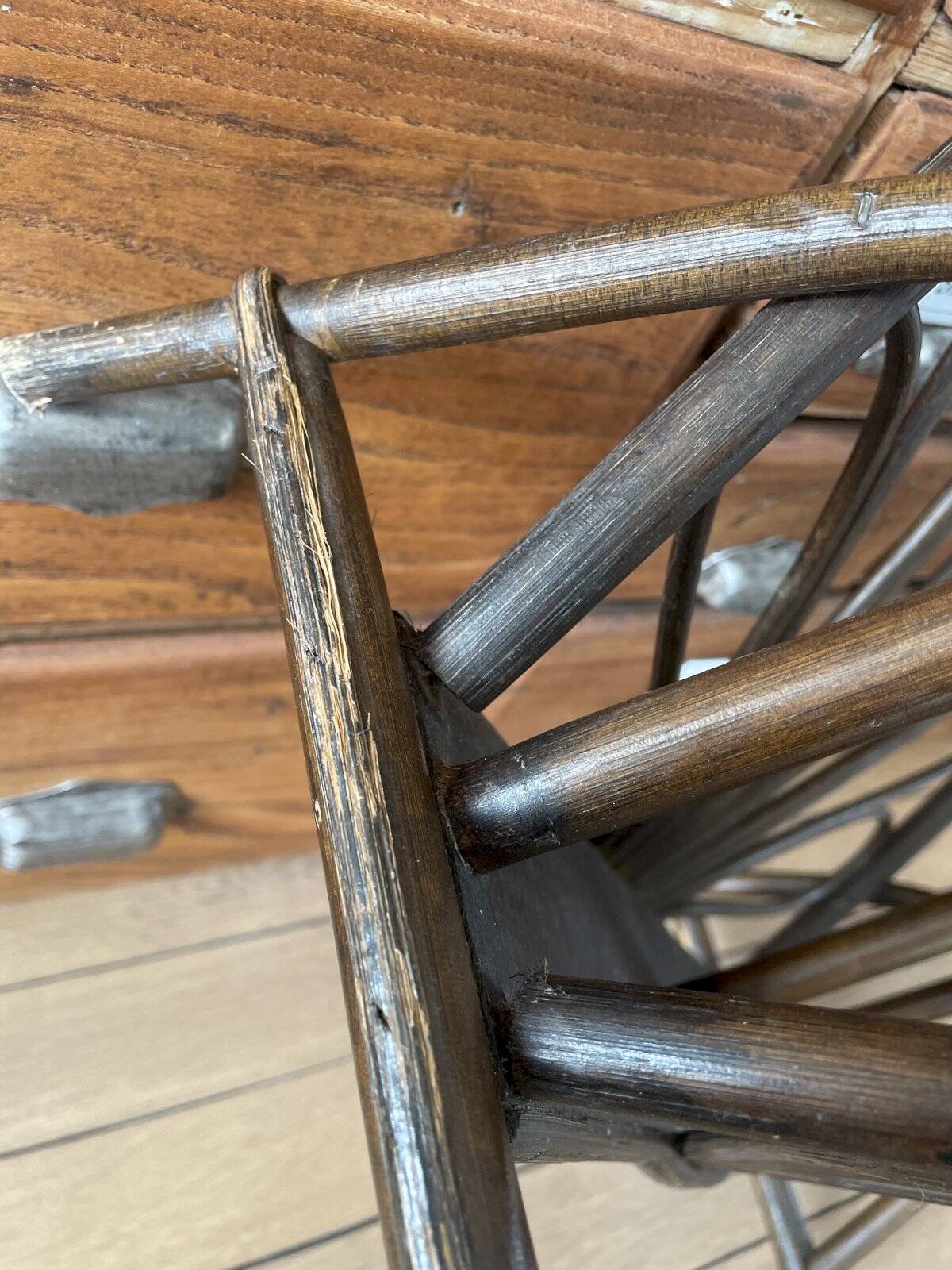 Vintage turned wood and rattan magazine rack