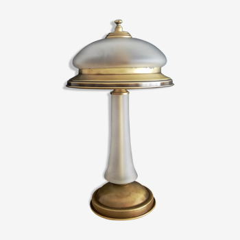 Vintage library brass and glass mushroom table lamp
