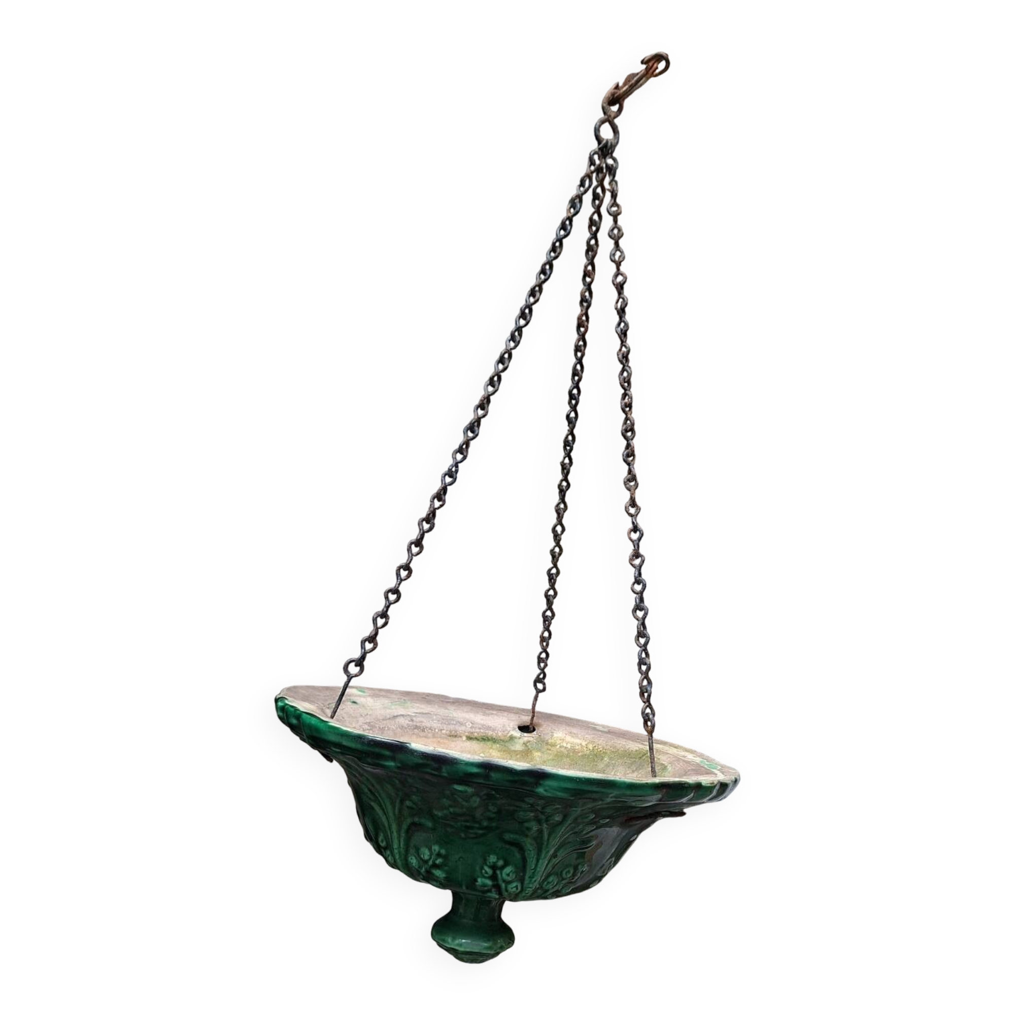 Hanging planter in green earthenware