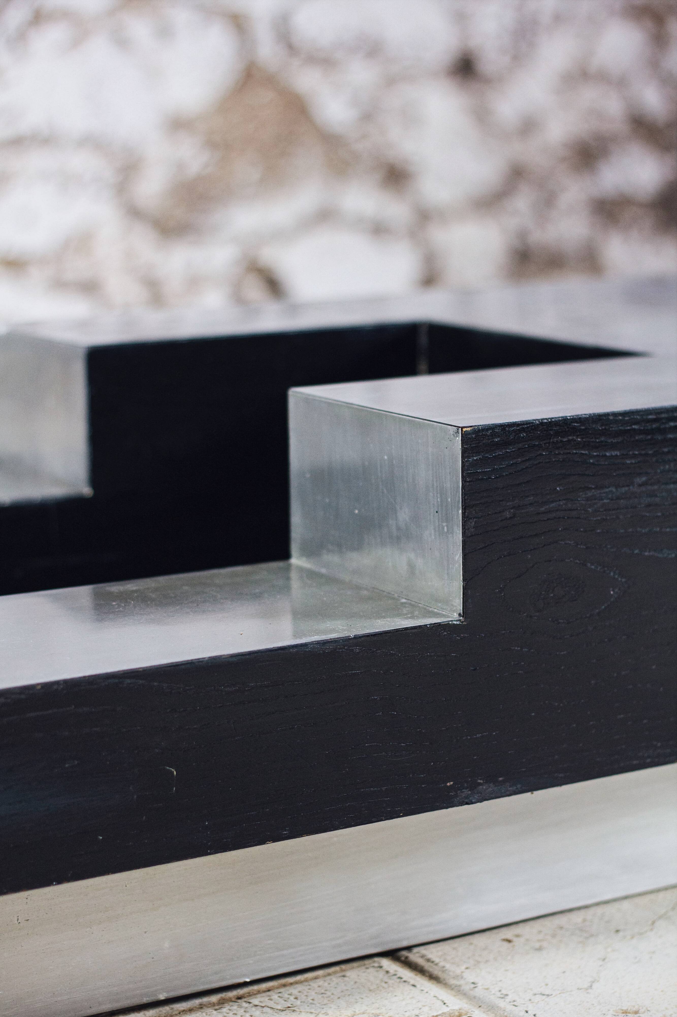 wood and steel bar coffee table, 1980