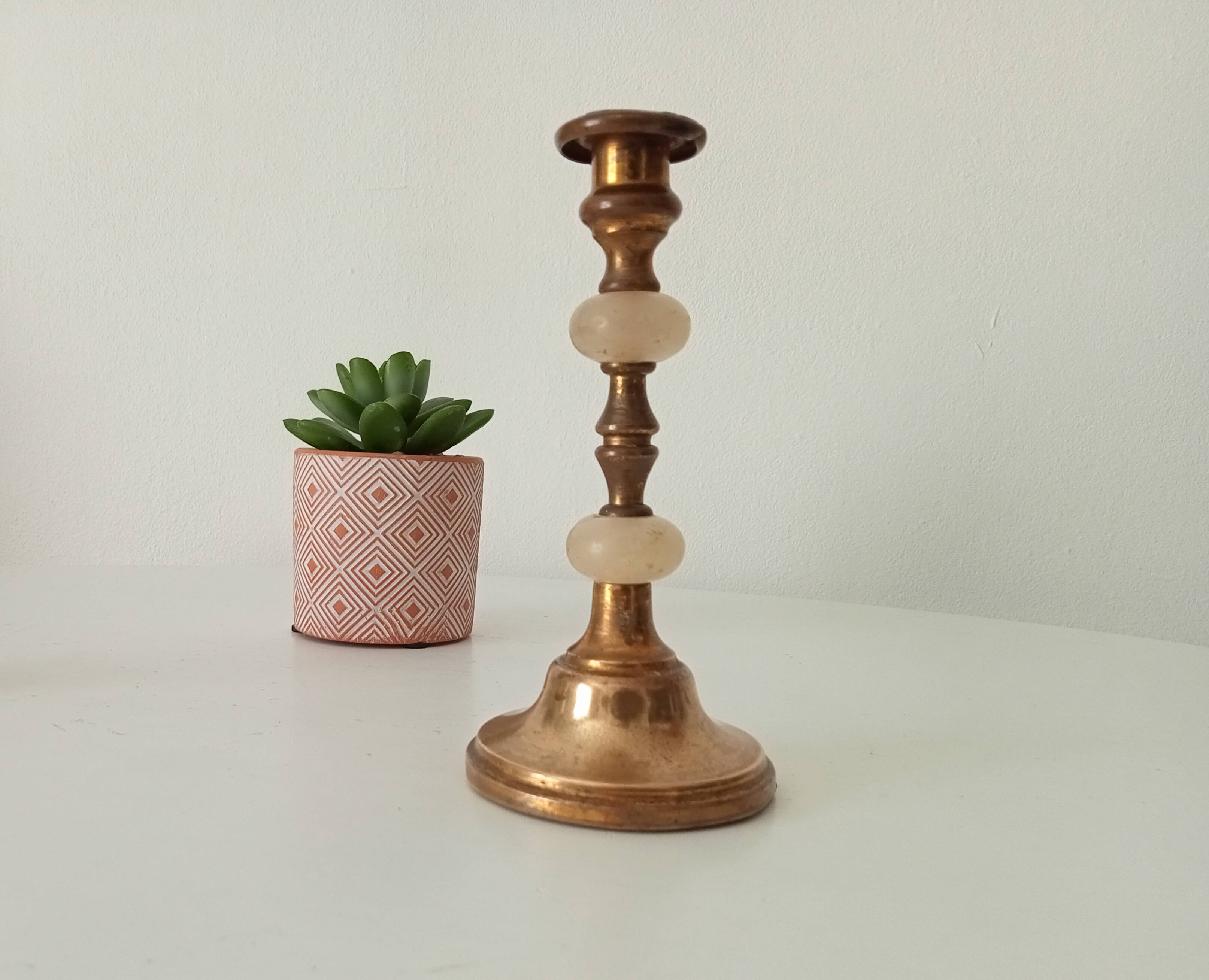 Antique brass and alabaster candlestick