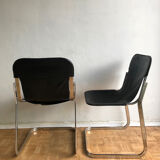 Set of 6 chairs in chrome metal and black leather - 1970