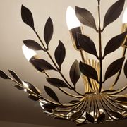 Large Pendant Lamp Vintage Pattern Bouquet Leaves, Brass, White Gold, 50s