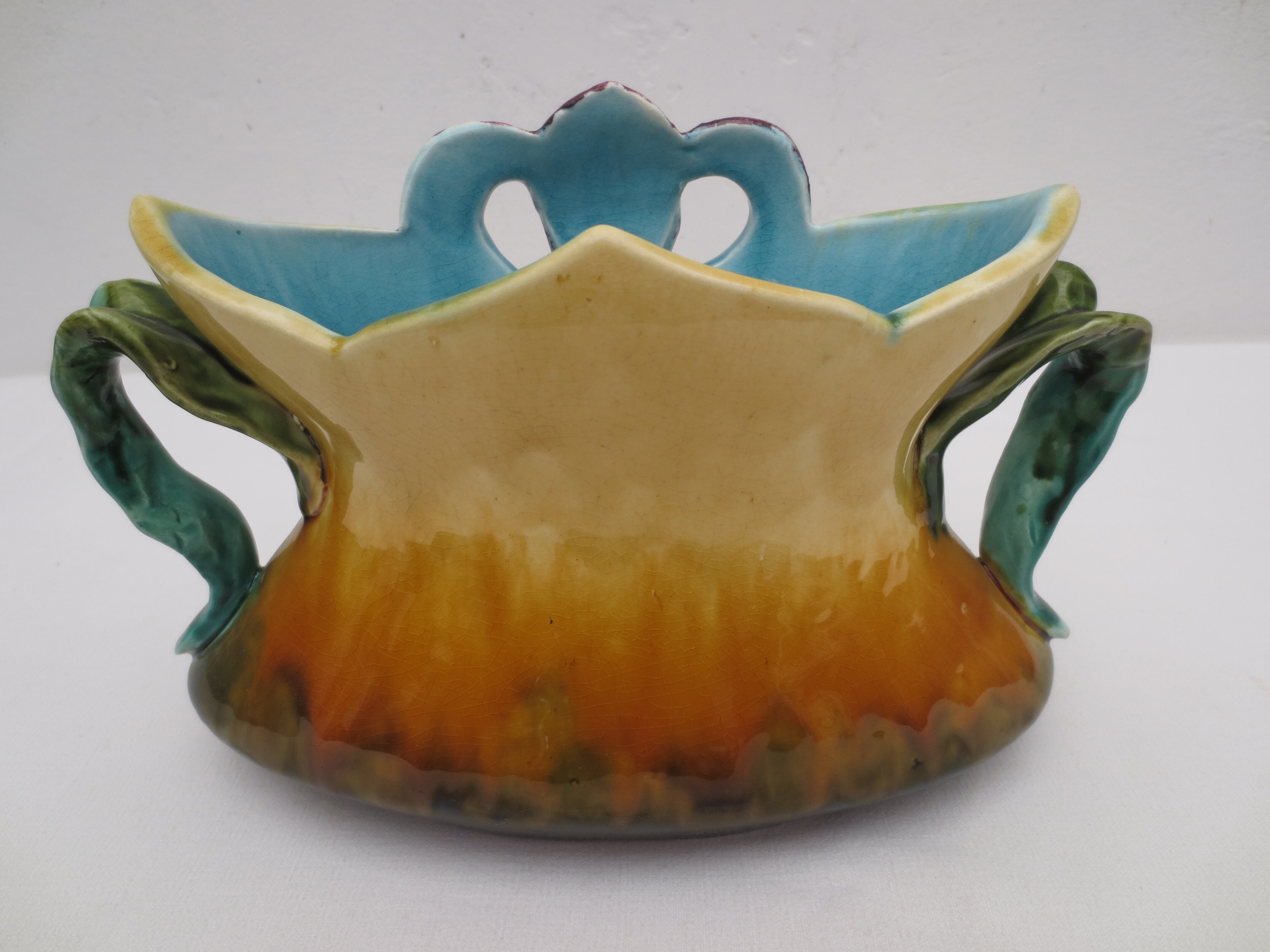 Former art nouveau planter in colorful dabbling iris décor