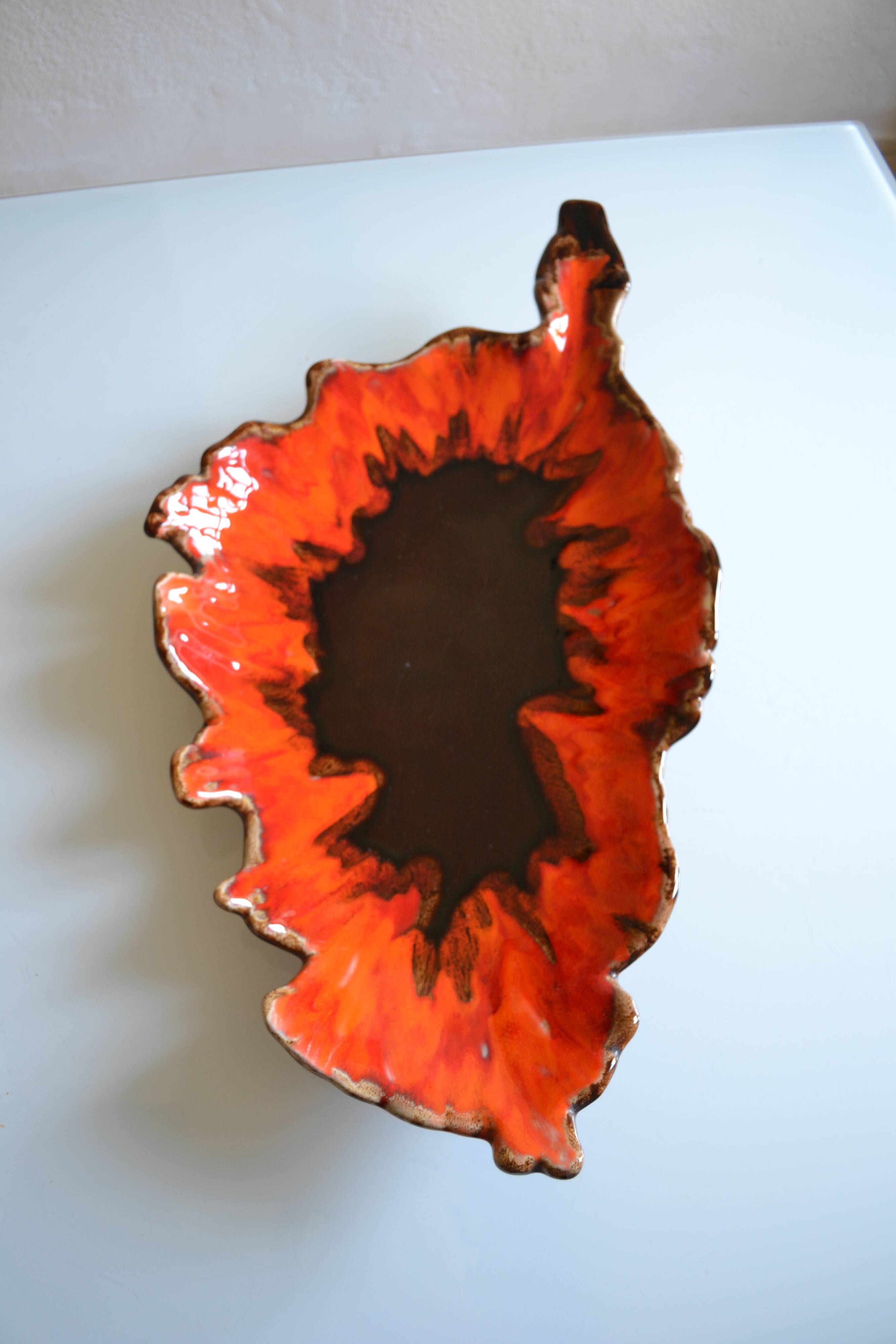 Large ceramic bowl in the shape of Corsica, orange and brown, vintage 70s
