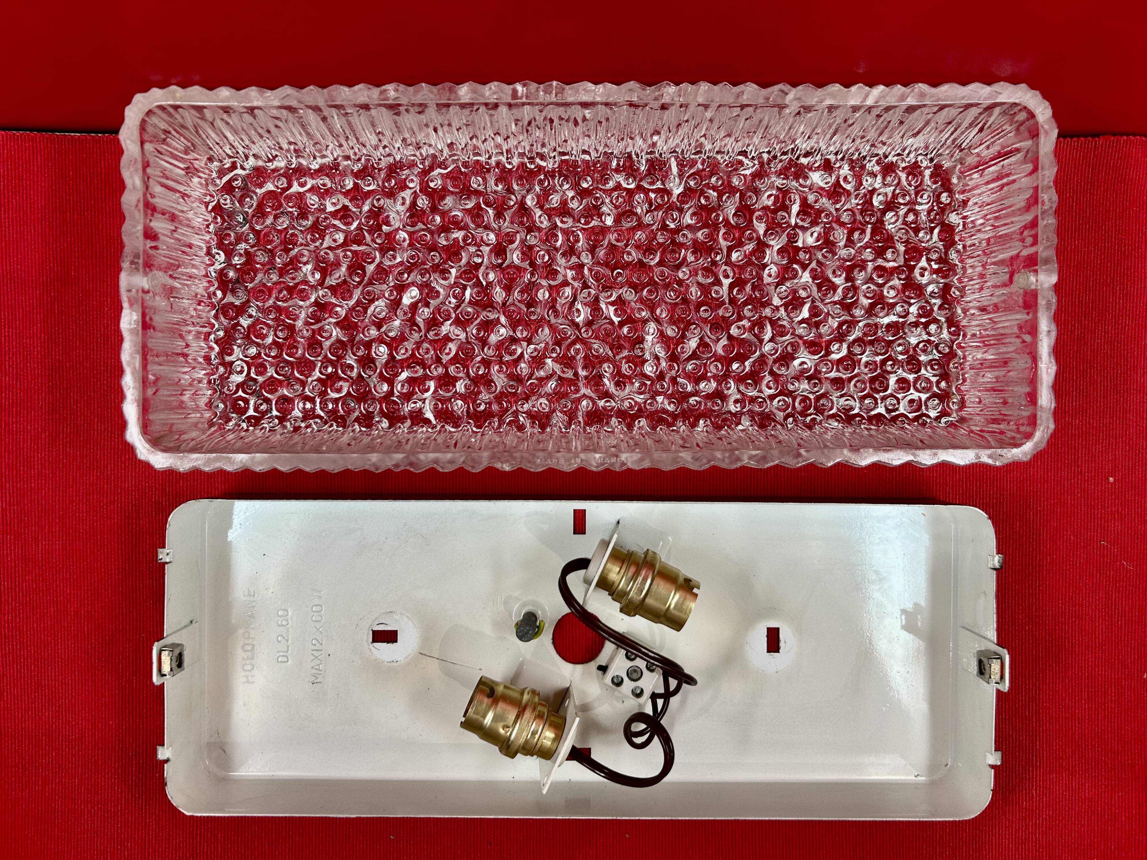 LARGE APPLIQUE OR CEILING LIGHT IN INDUSTRIAL VINTAGE HOLOPHANE GLASS