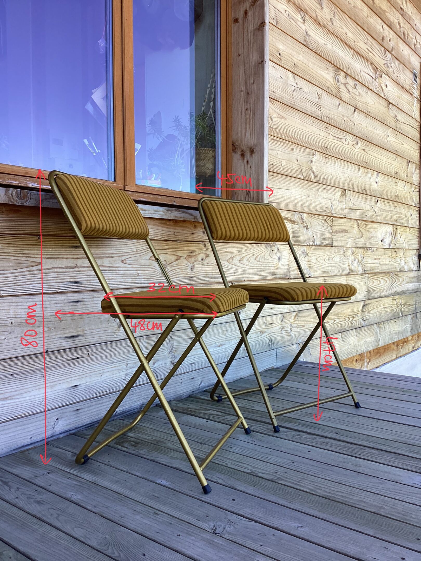 Vintage lafuma folding chair with striped gold fabric