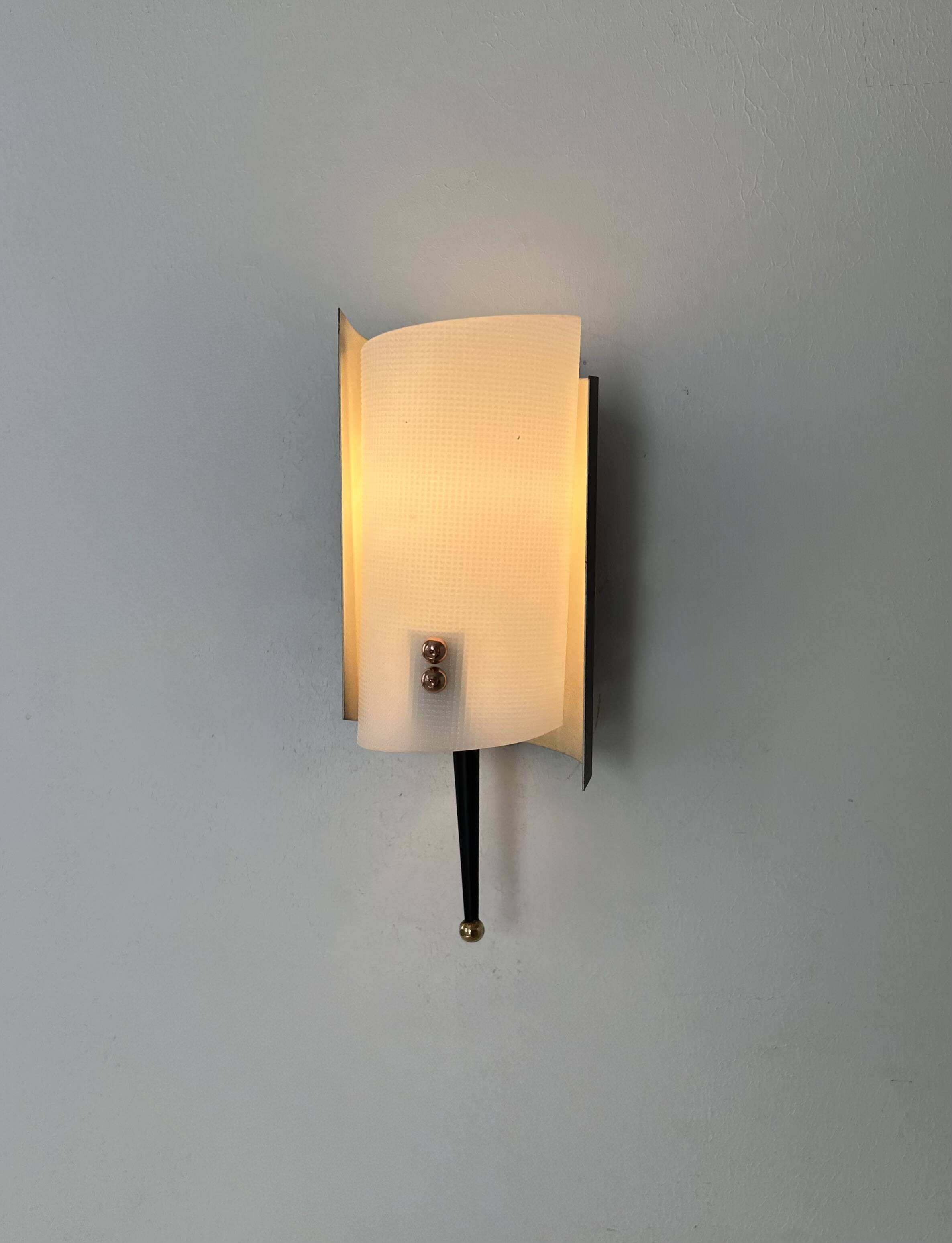 Vintage Jaques Biny wall lamp, black metal, brass and perpex, France 1960
