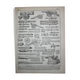 Gravure, canon ancien, mortier, fusil • lithographie originale de 1898