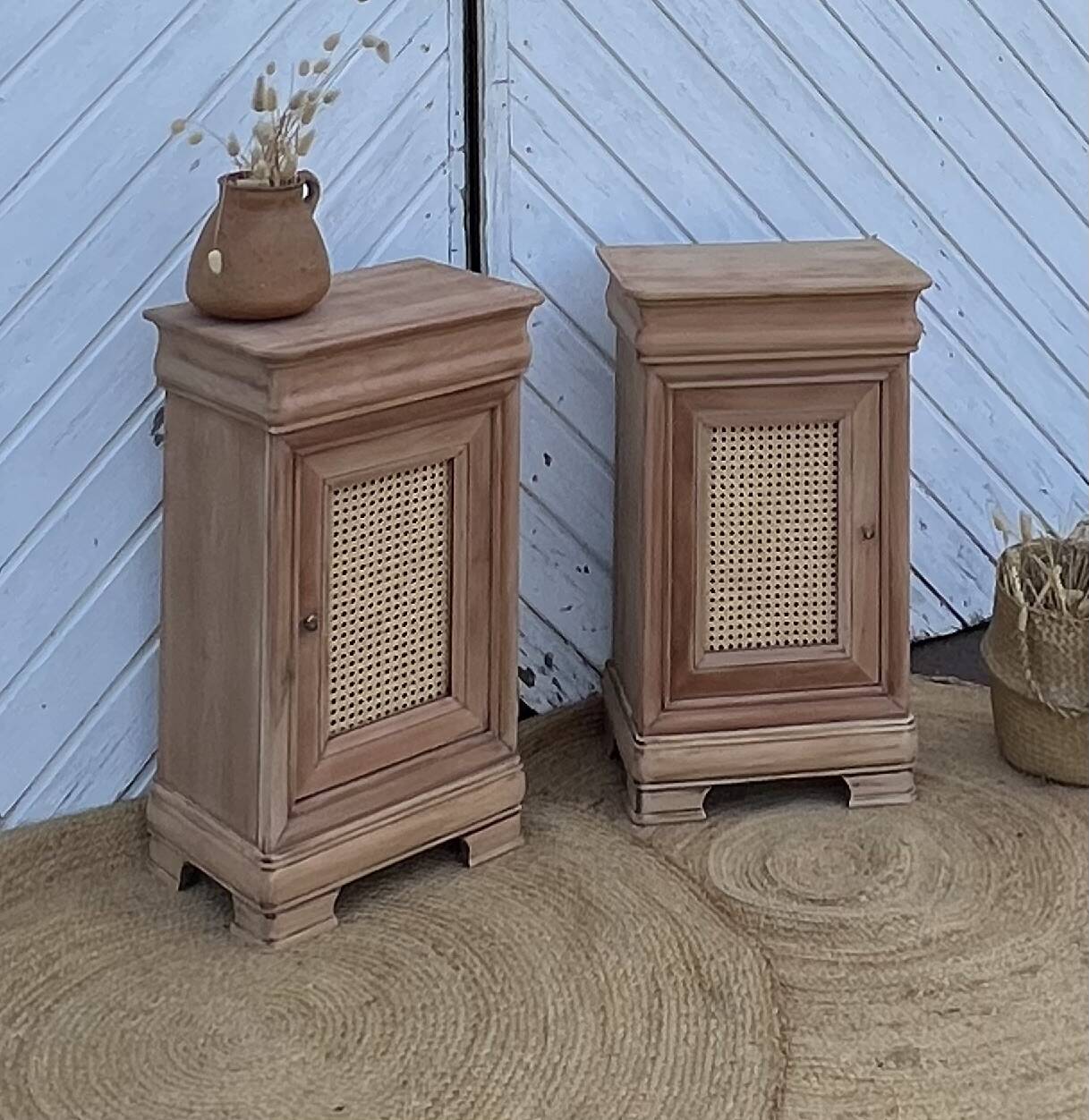 Pair of antique bedside tables / nightstands in raw wood and canework