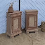 Pair of antique bedside tables / nightstands in raw wood and canework