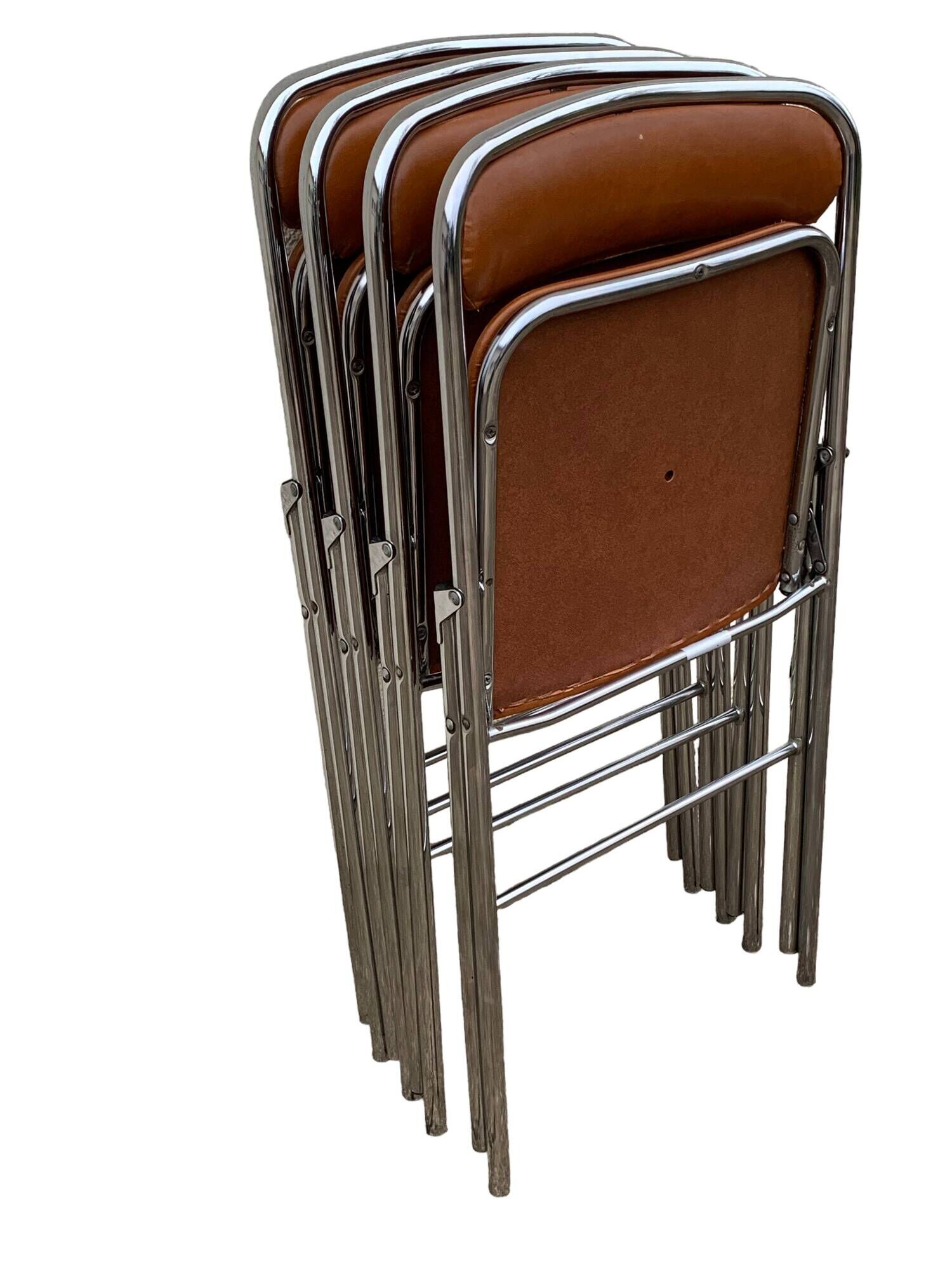 4 folding chairs chromed metal and Skaï fawn 1970