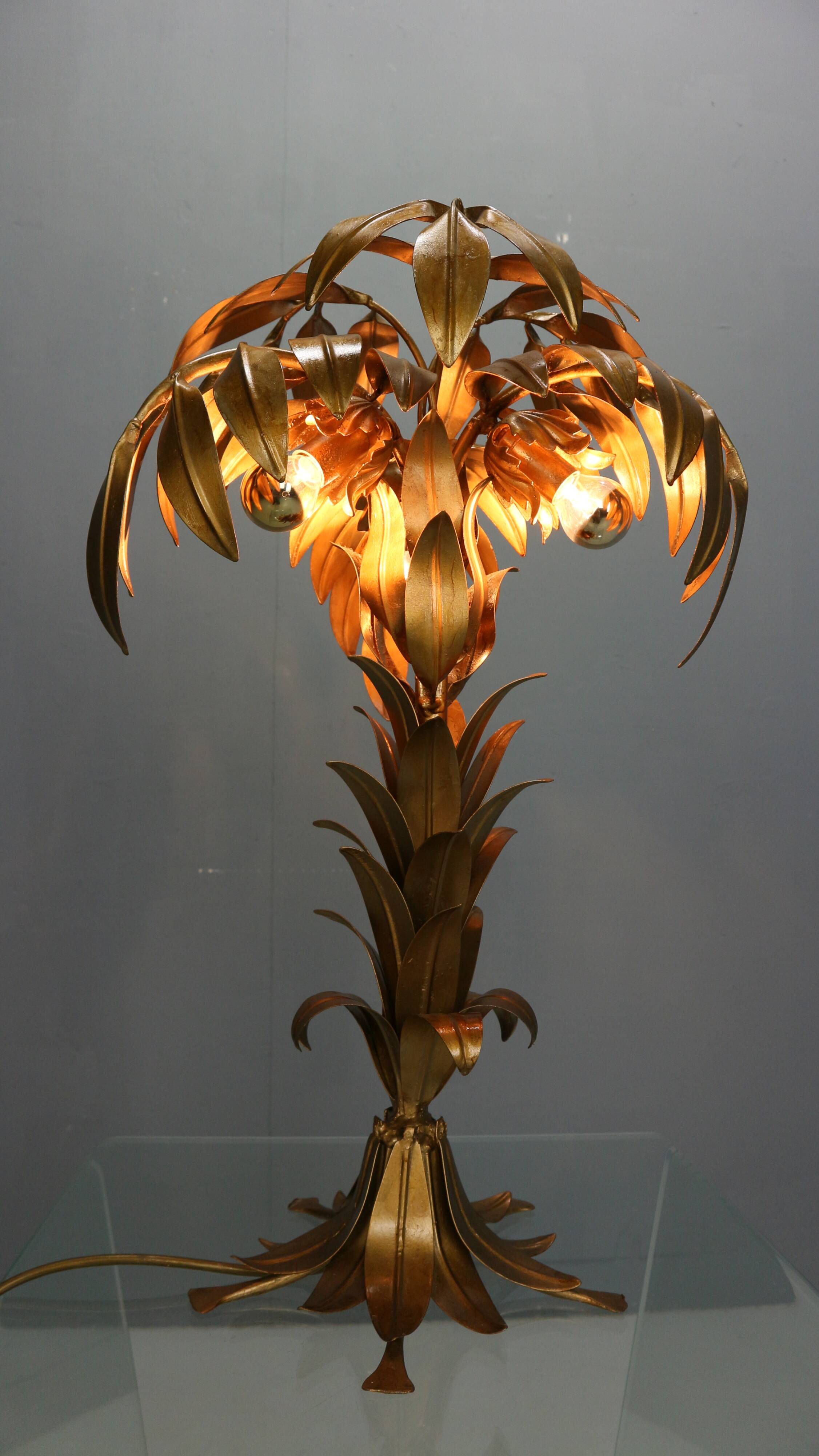 Hollywood regency Hans Kogl palm tree table lamp metal gold gilt 1970