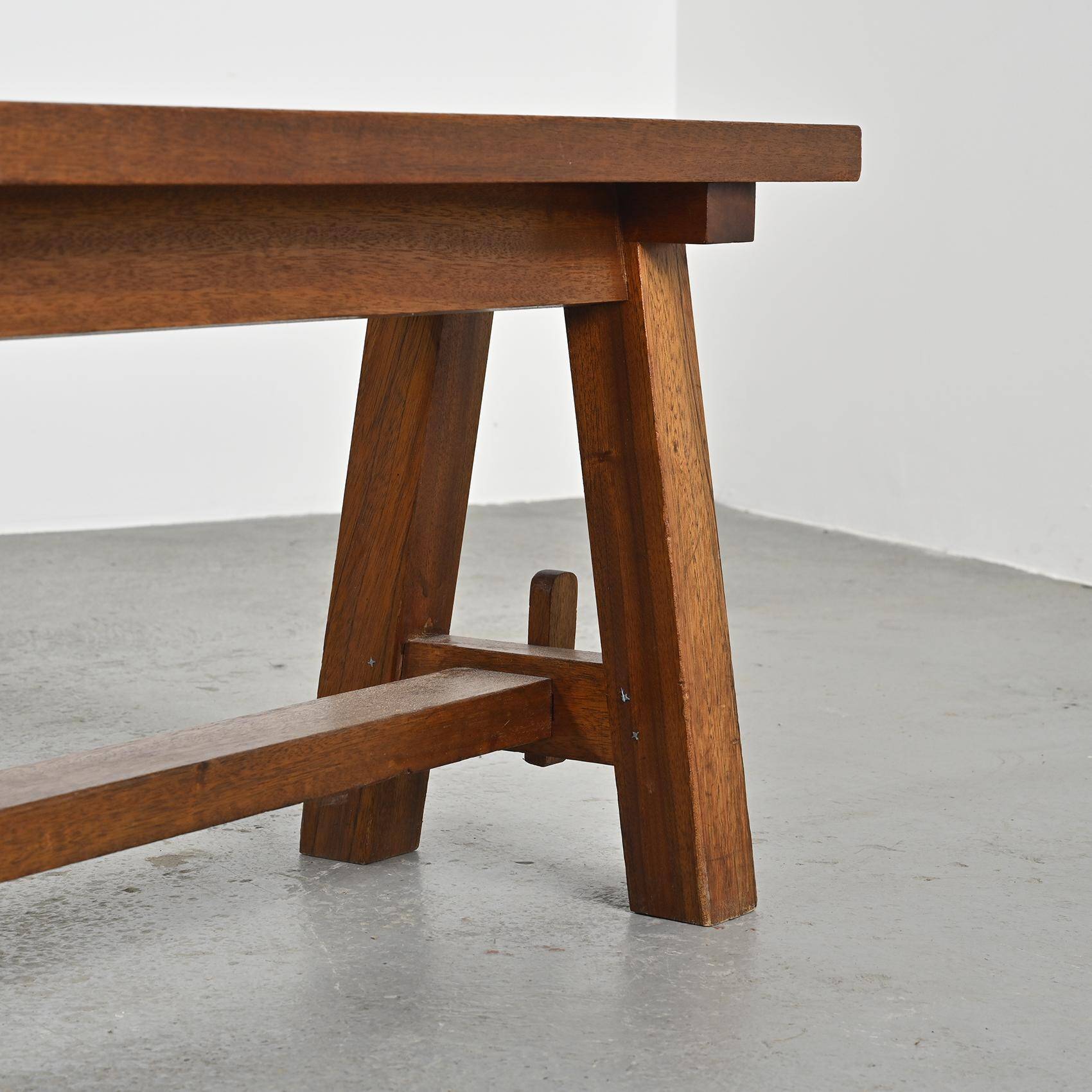Mahogany dining table and benches, mountain work, France circa 1960