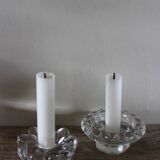 Set of 2 vintage glass candle holders with flower carving