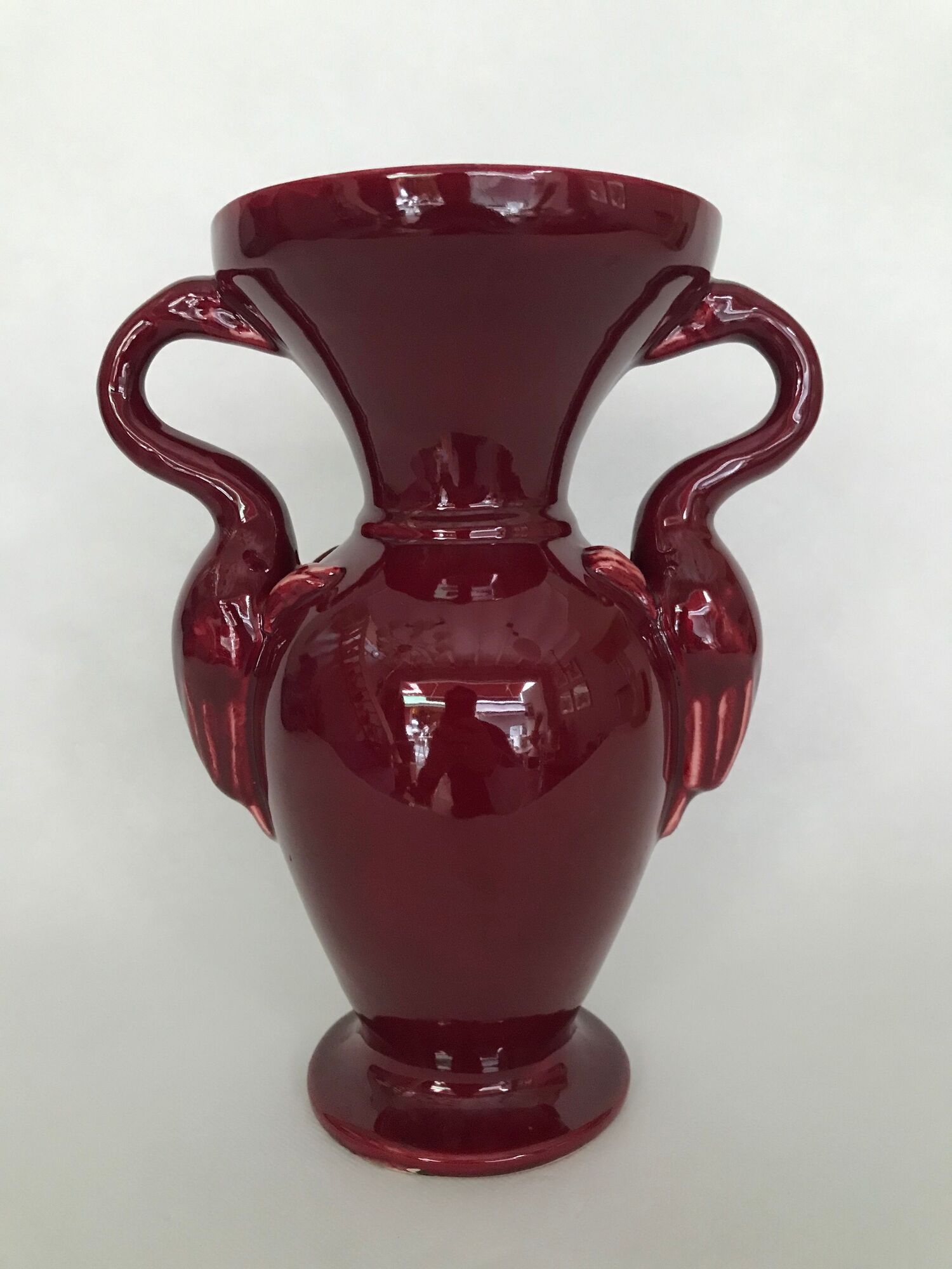 Red baluster vase with pink flamingo handles, signed Ray Camart, Antibes, circa 1960