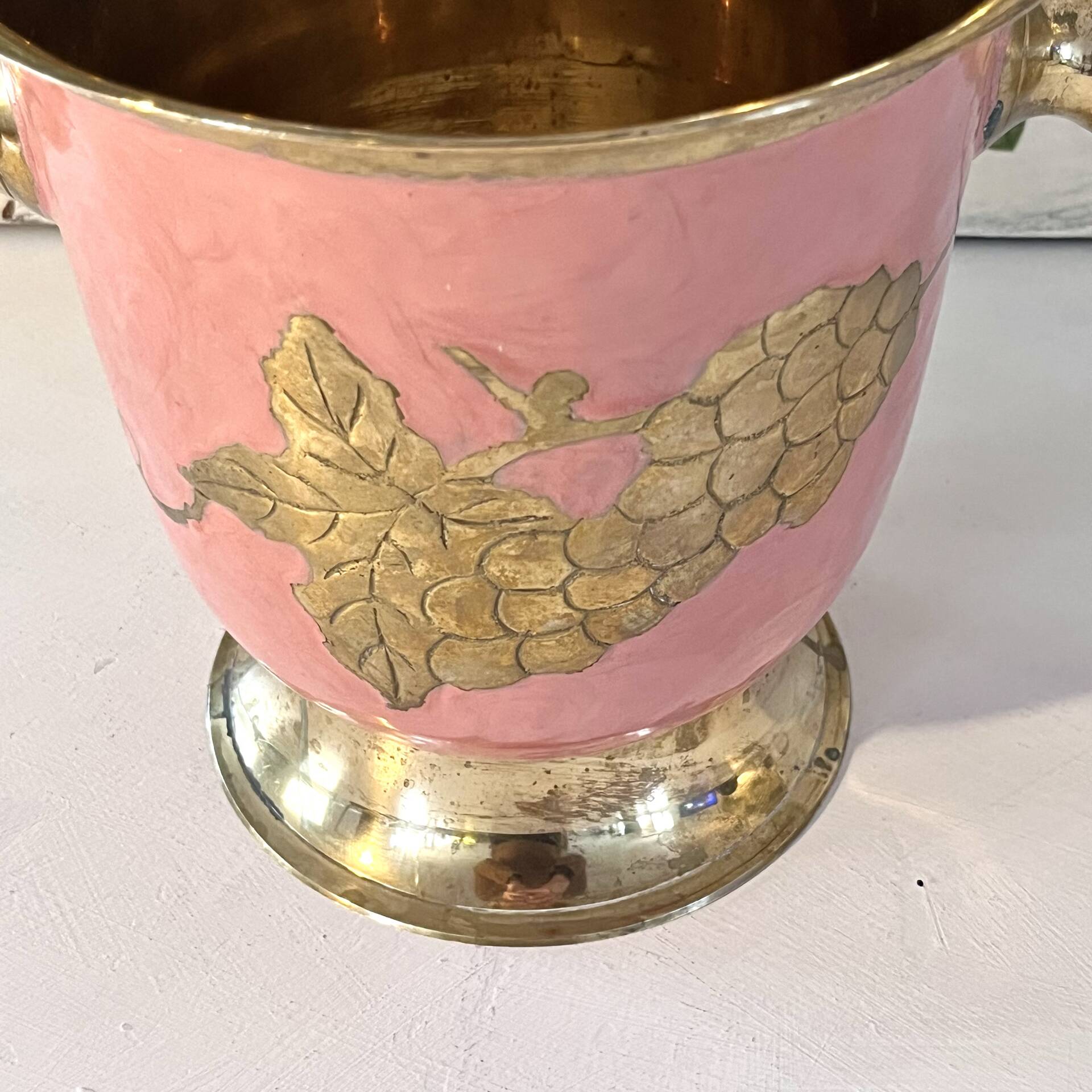 Enamel Ice Bucket – Vintage French Pink Gilt Grapevine Champagne Coole