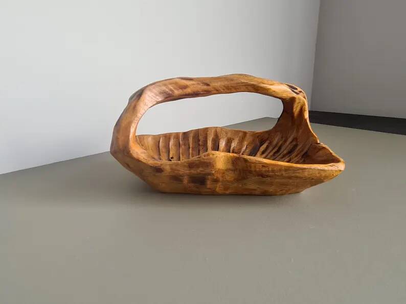 Hand-carved wooden empty pocket basket vintage French
