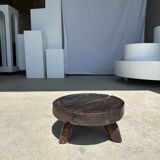 Small tripod stool low in dark brown upcycled teak