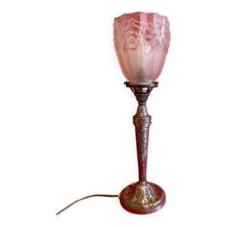 Lampe Art Déco en bronze nickelé et pâte de verre moulée et sablée