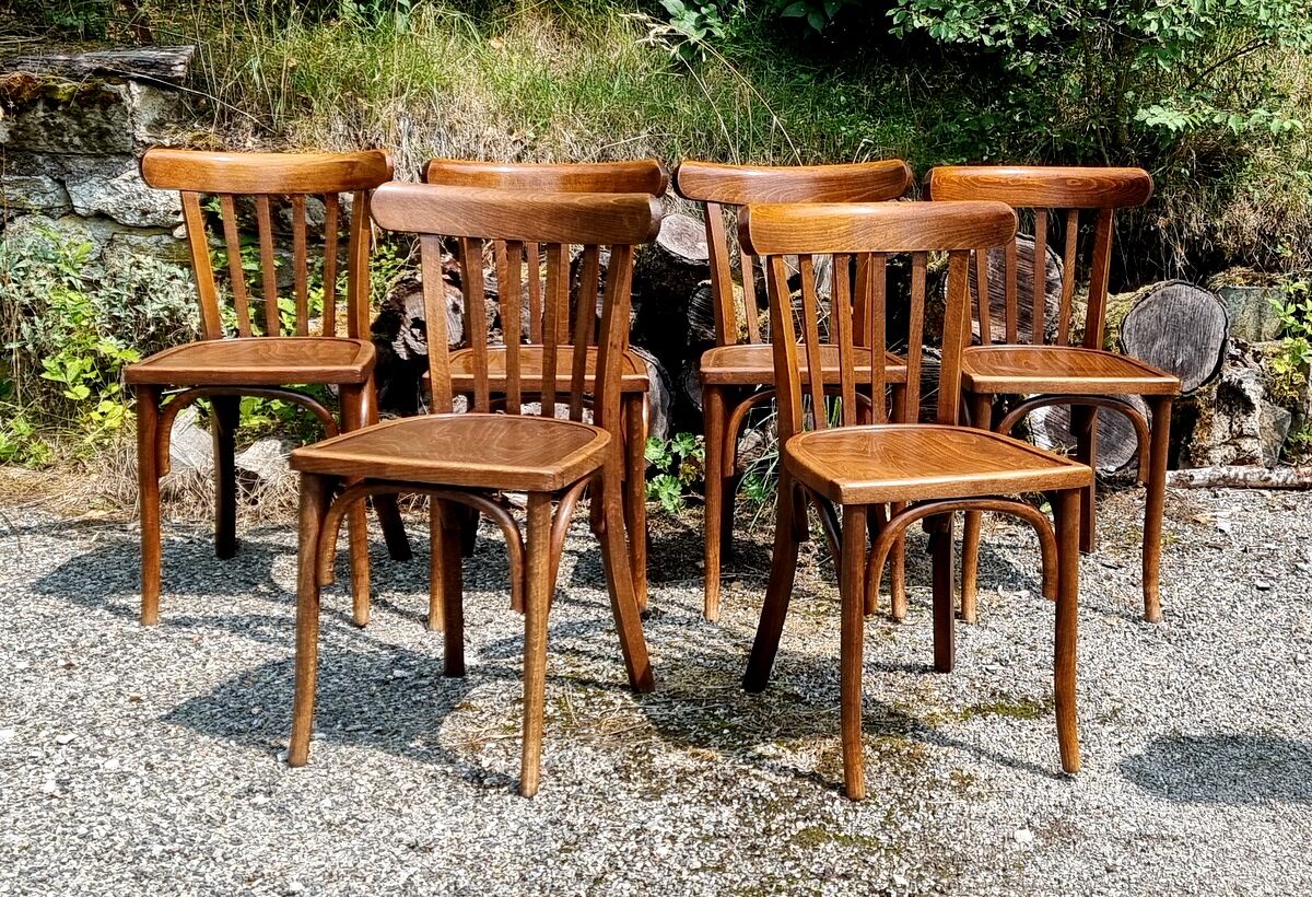 6 curved wooden bistro chairs 60s