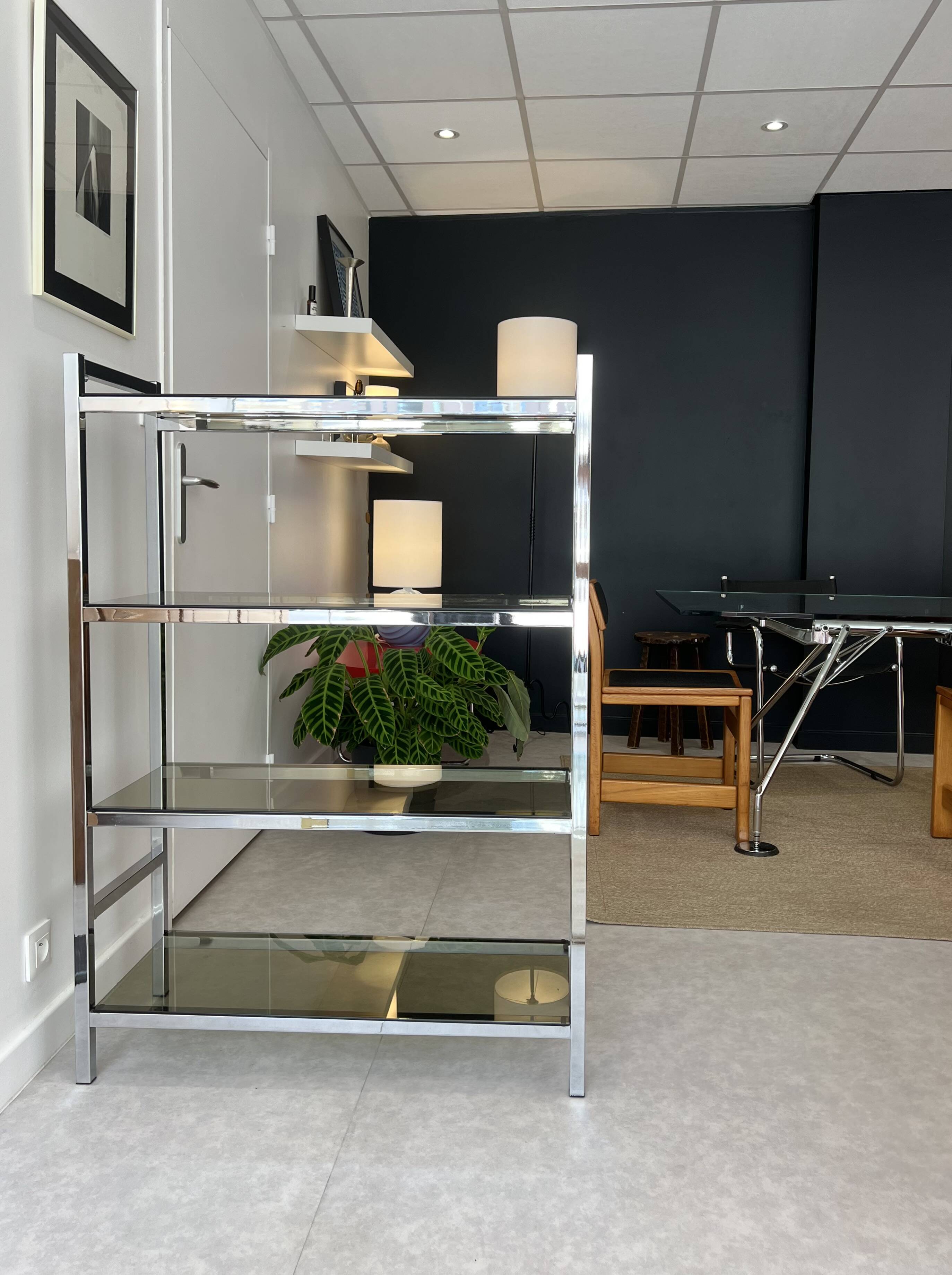 Chrome and smoked glass bookcase/shelf, circa 1970