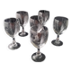 6 vintage wine glasses with baluster stems and engraved decoration on the bowl.