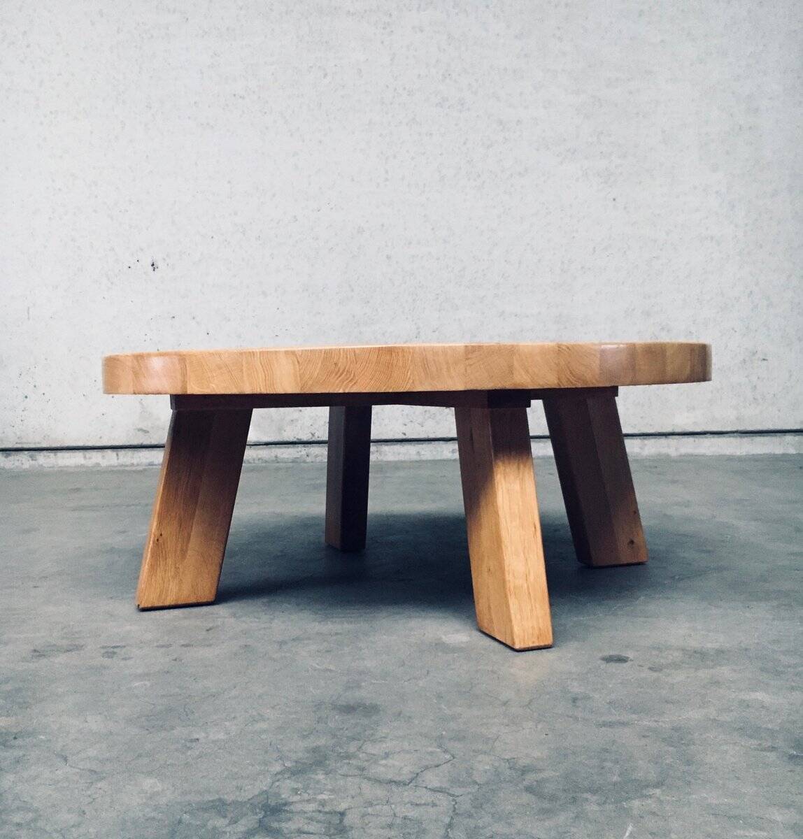 Brutalist Oak Round Coffee Table from Meubelfabriek Oisterwijk, Netherlands, 1960s
