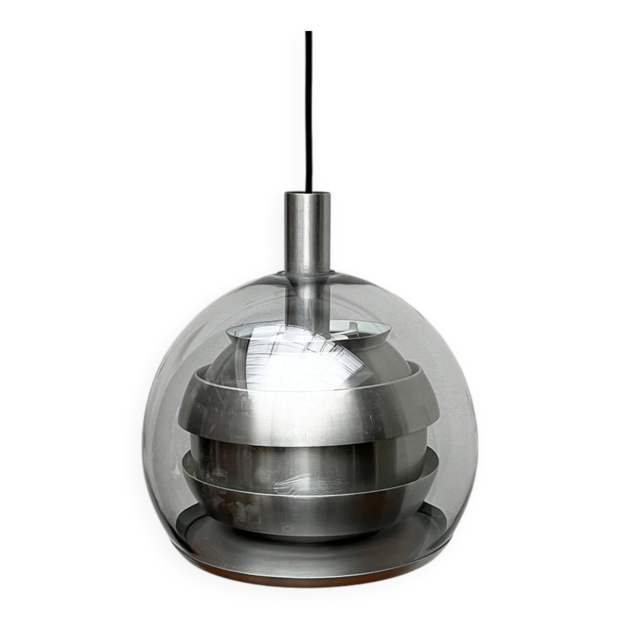 Suspended globe lamp in aluminium and glass in German Space style from the 1960s mid-century by Doria.