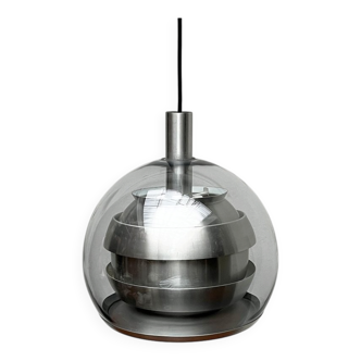 Suspended globe lamp in aluminium and glass in German Space style from the 1960s mid-century by Doria.