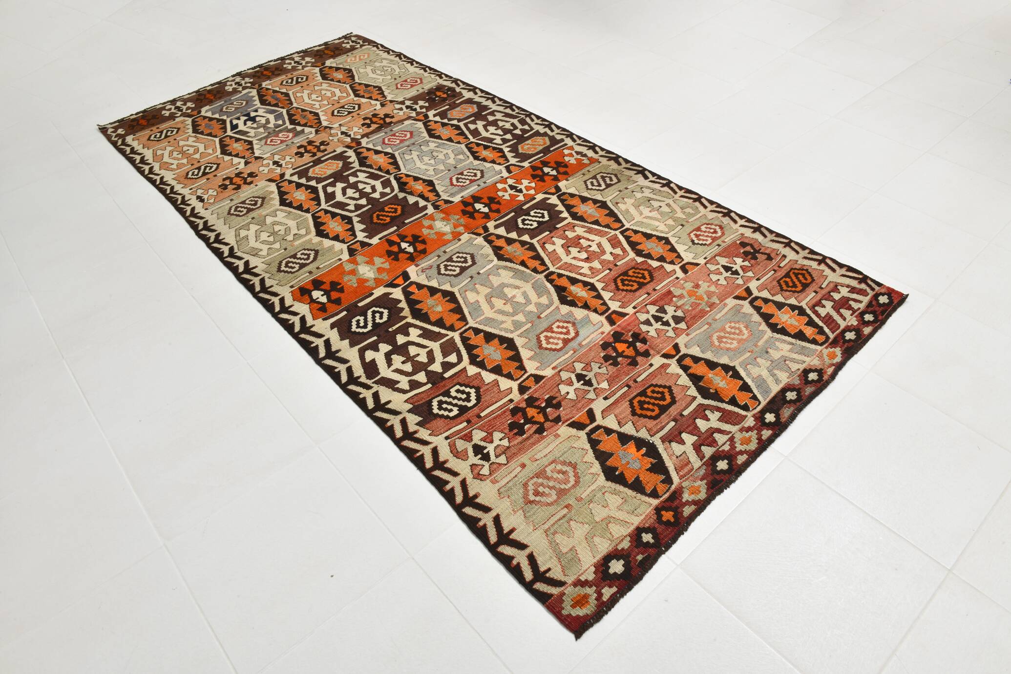 Light Green & Orange Tribal Turkish Kilim Rug, 141x305Cm