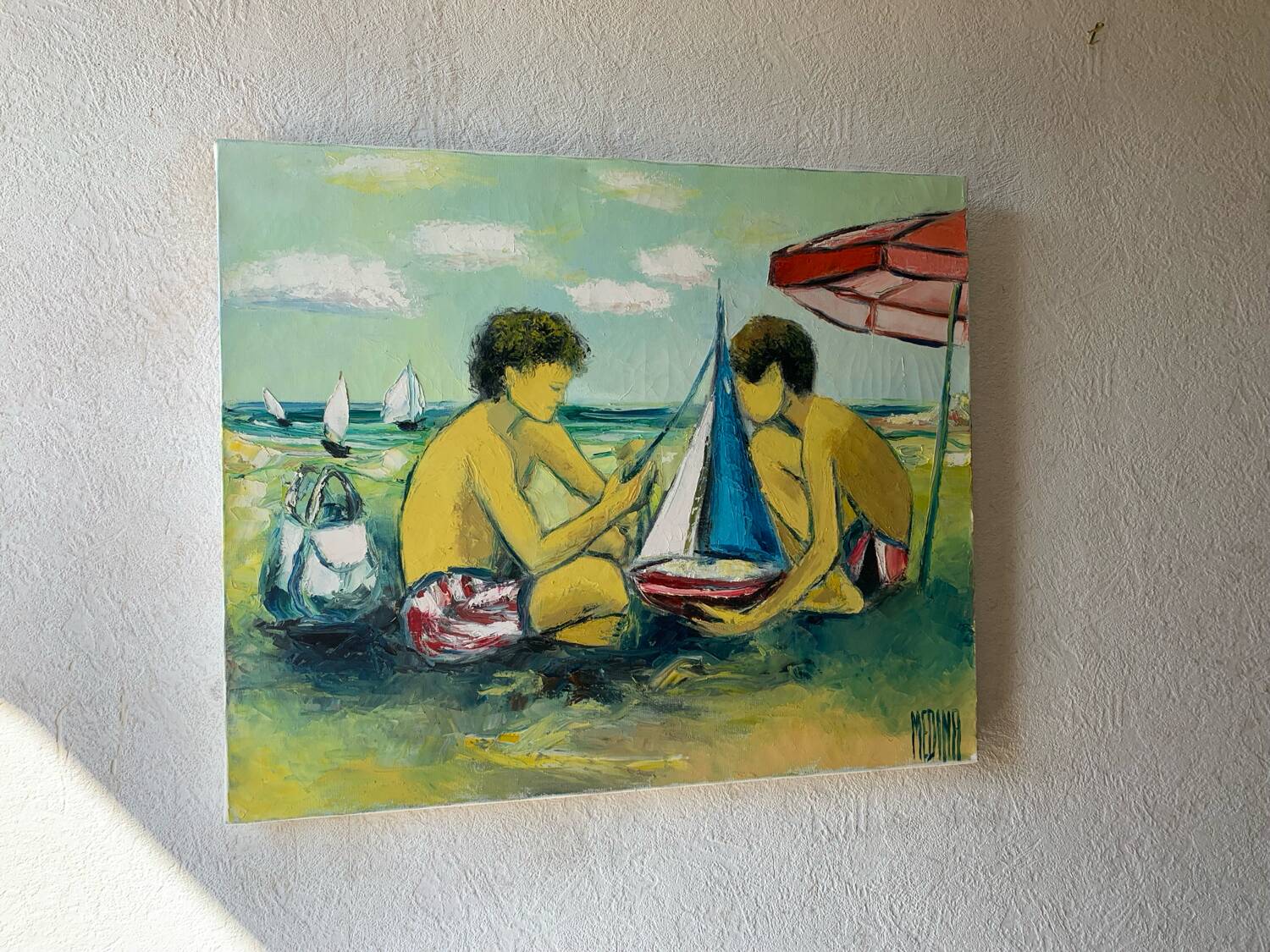 Oil painting on canvas of children at the beach