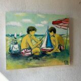 Tableau huile sur toile enfants à la plage