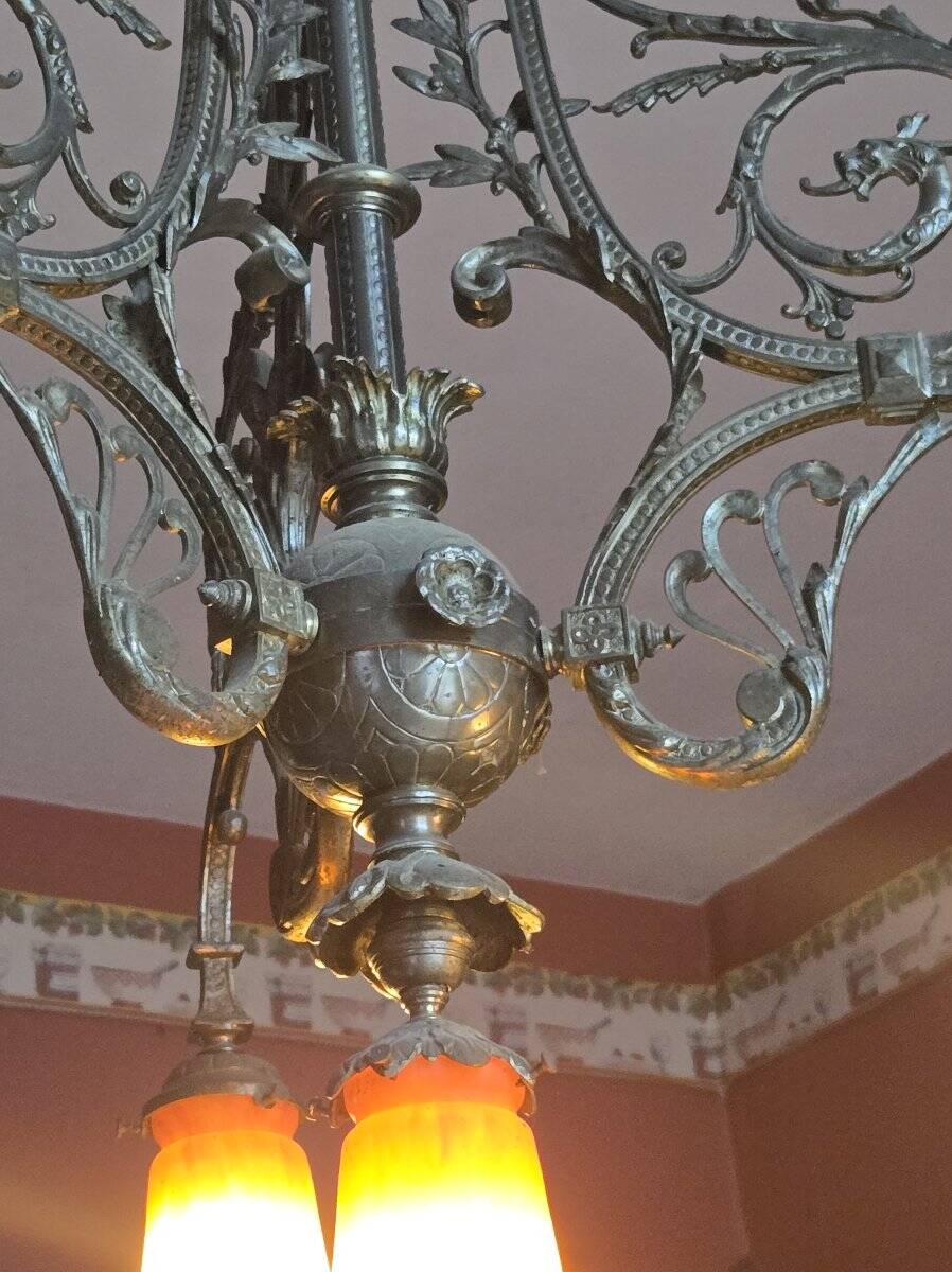 Noverdy Art Nouveau Chandelier – Bronze and Glass Tulips –