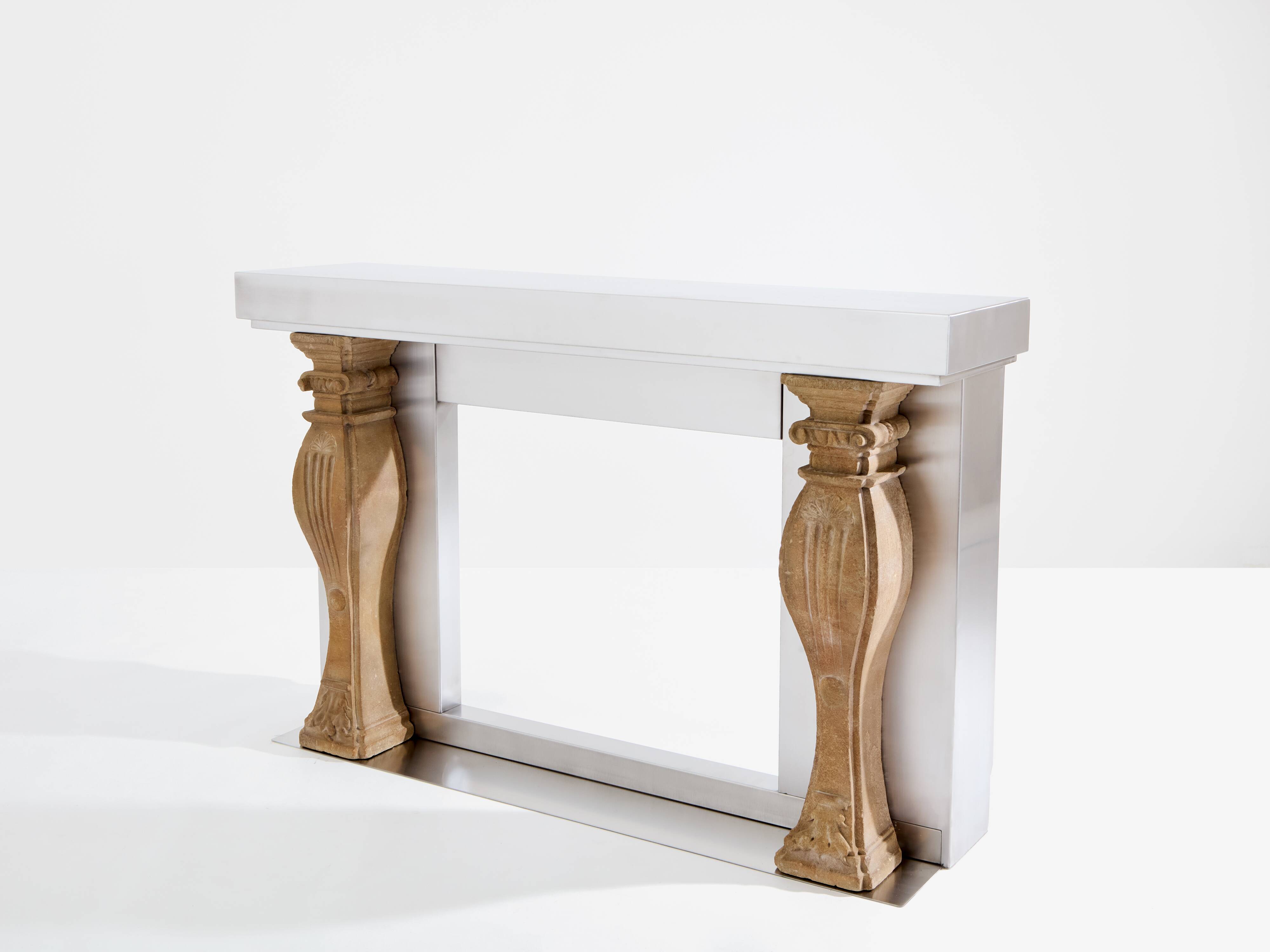 Maison Jansen fireplace mantel brushed steel cut stone 1968