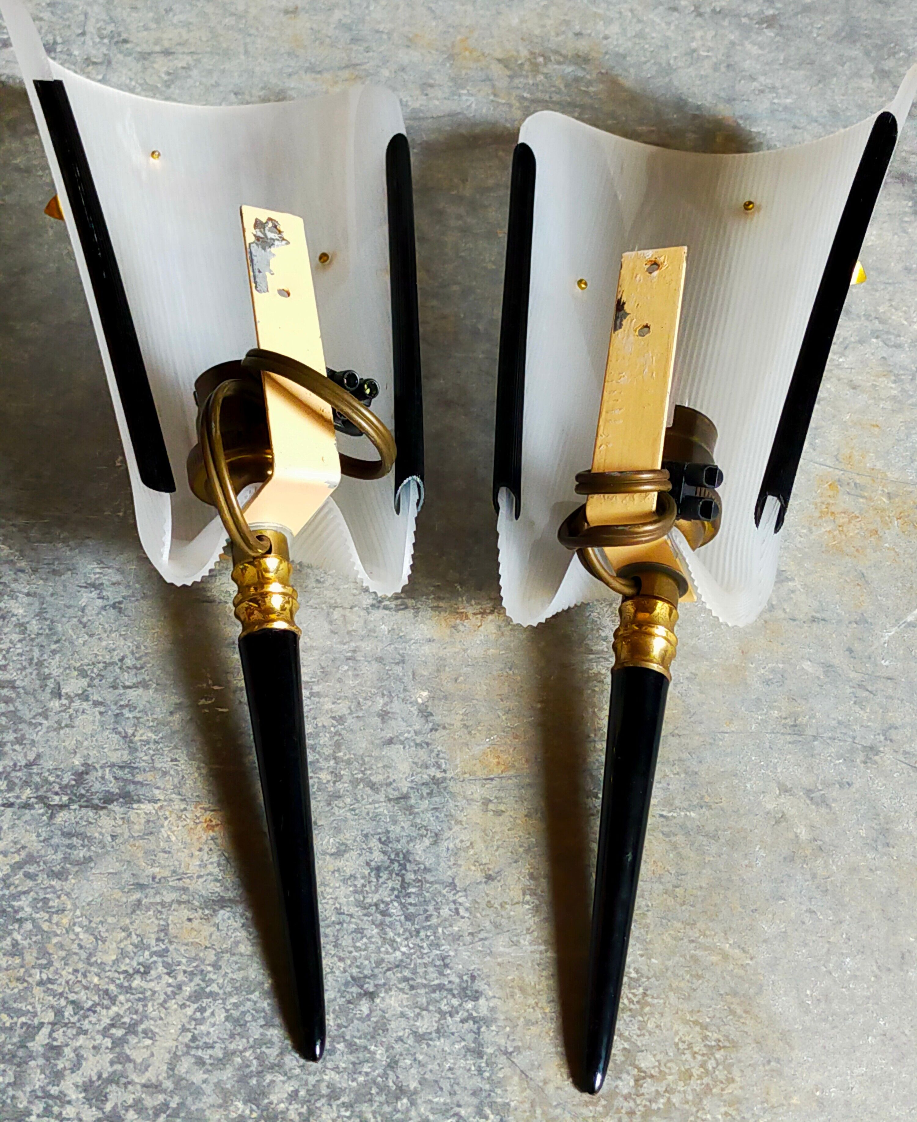 Pair of vintage plexi and bakelite 50s wall lamps