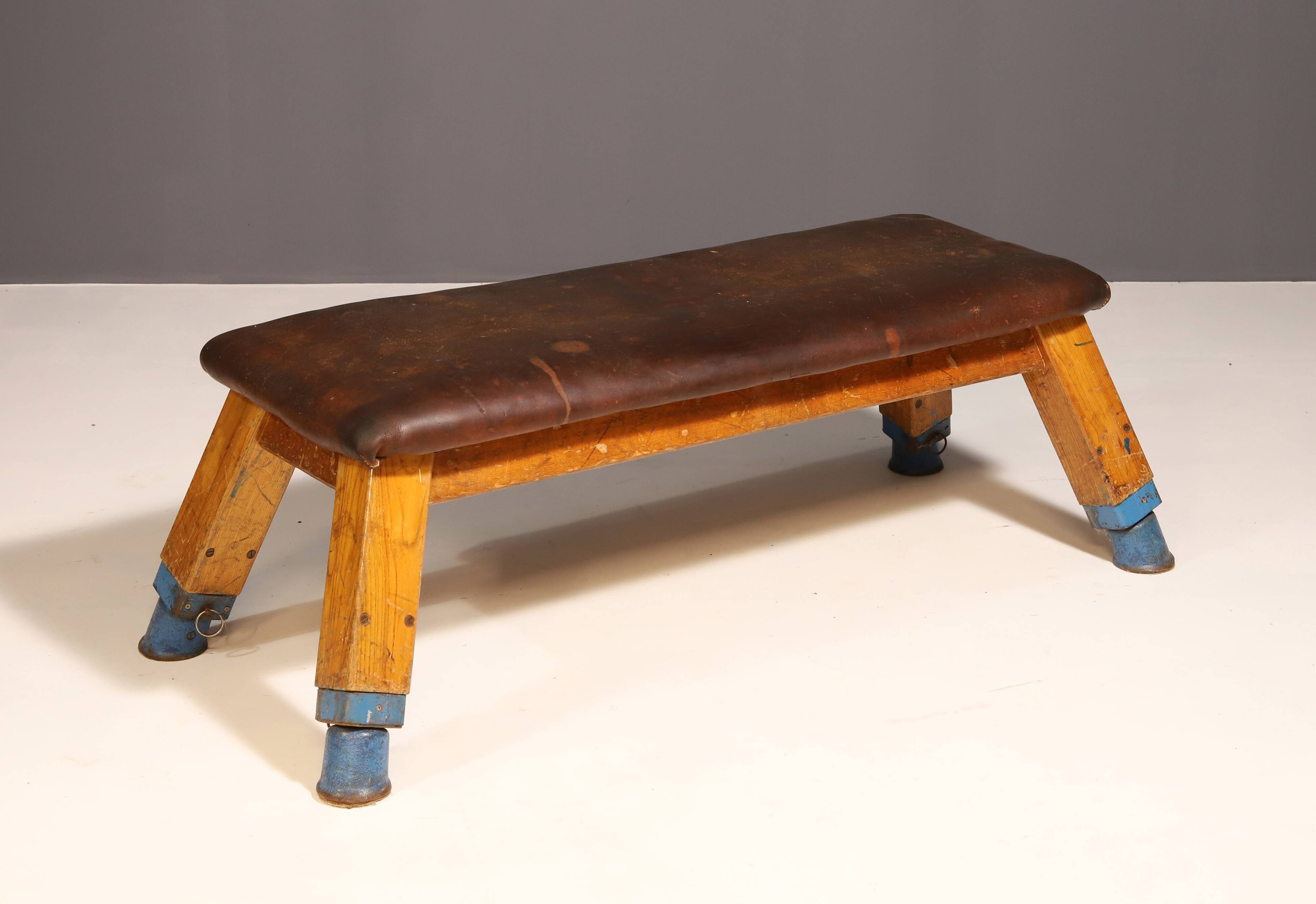 Authentic industrial leather Gym bench, 1950s, Czechoslovakia