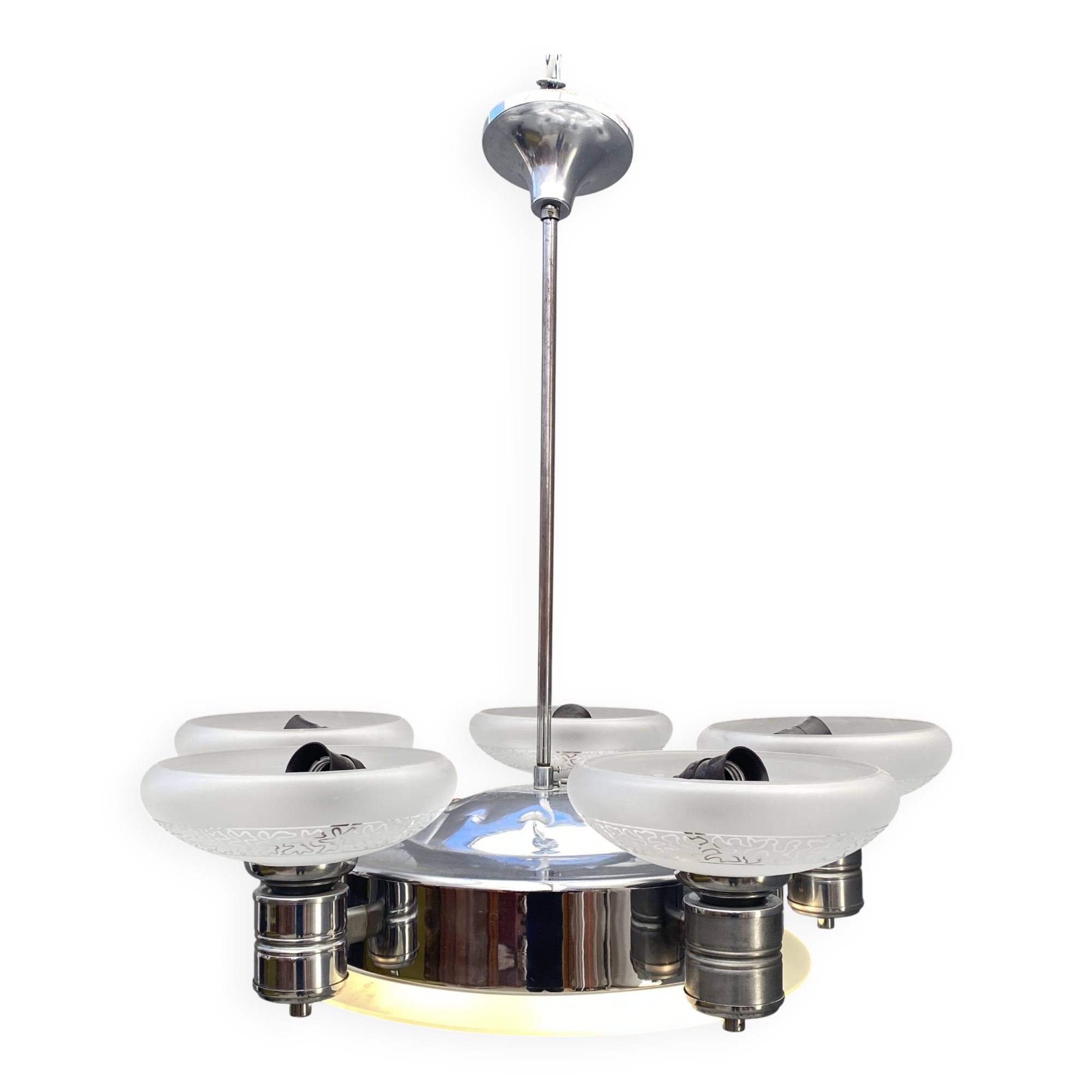 Art Deco Chrome Chandelier with Glass Bowl Shades