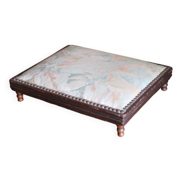 Petit repose-pieds ancien en bois et tissu