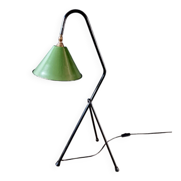 Industrial floor lamp in black lacquered metal and green enamelled sheet metal.