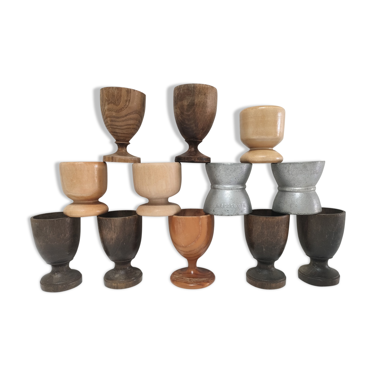 Set of twelve turned wood shells and vintage aluminum