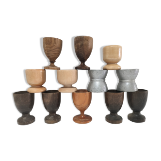 Set of twelve turned wood shells and vintage aluminum