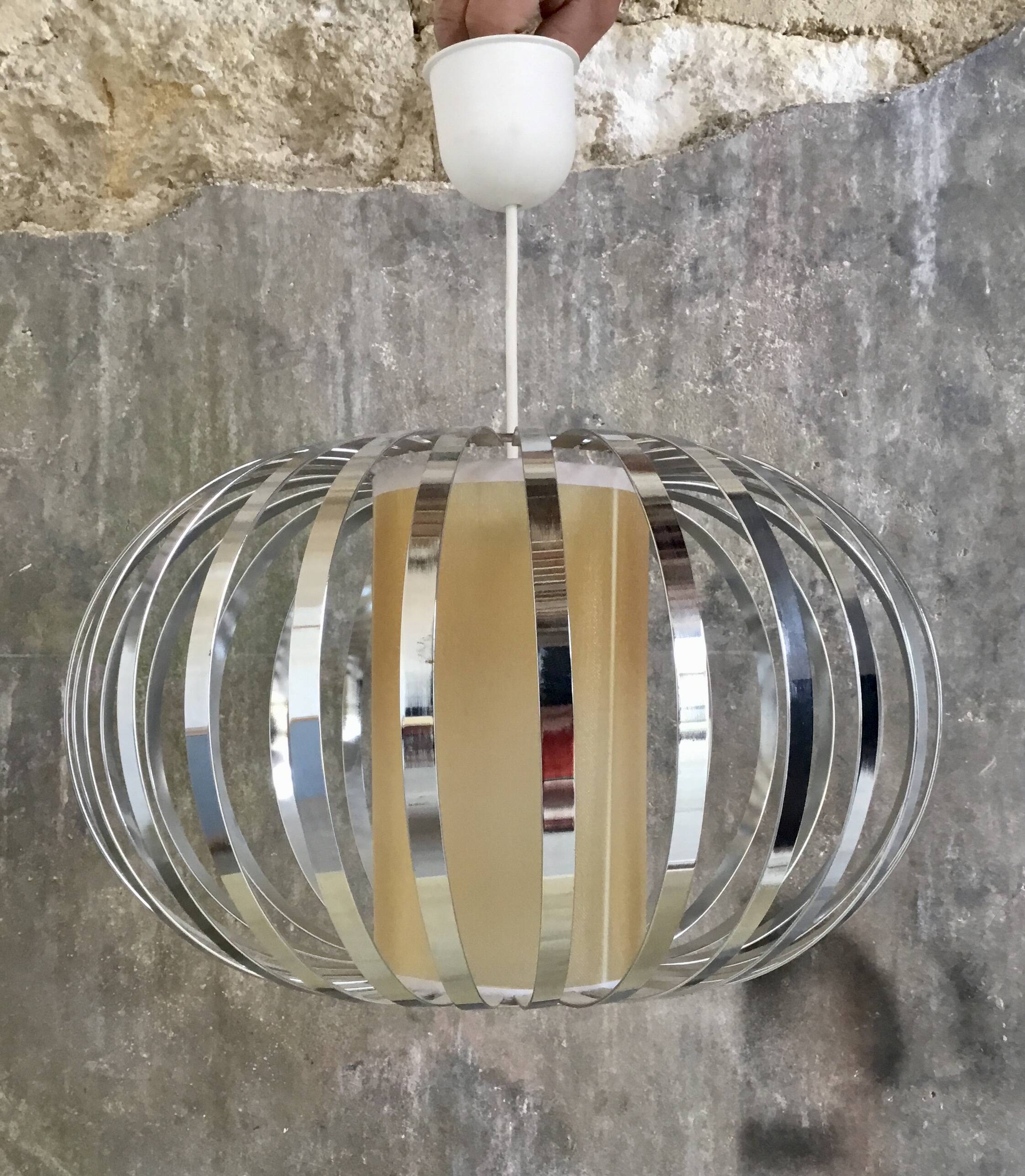 Spherical pendant light with stainless steel blades - vintage 1990