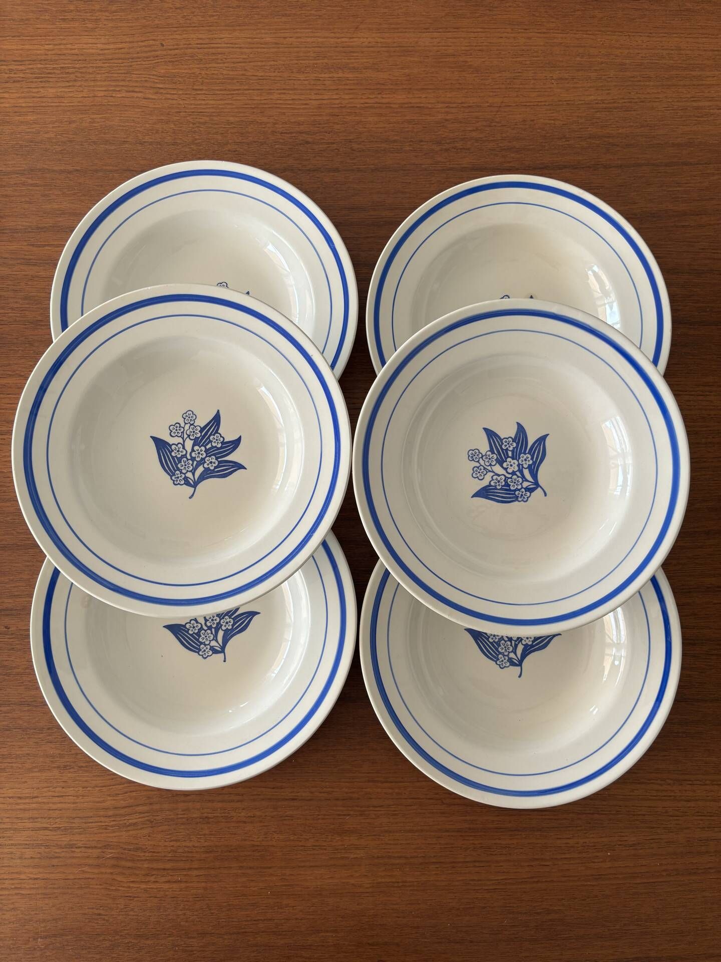 Set of 6 vintage deep plates in earthenware with blue lily of the valley flowers.