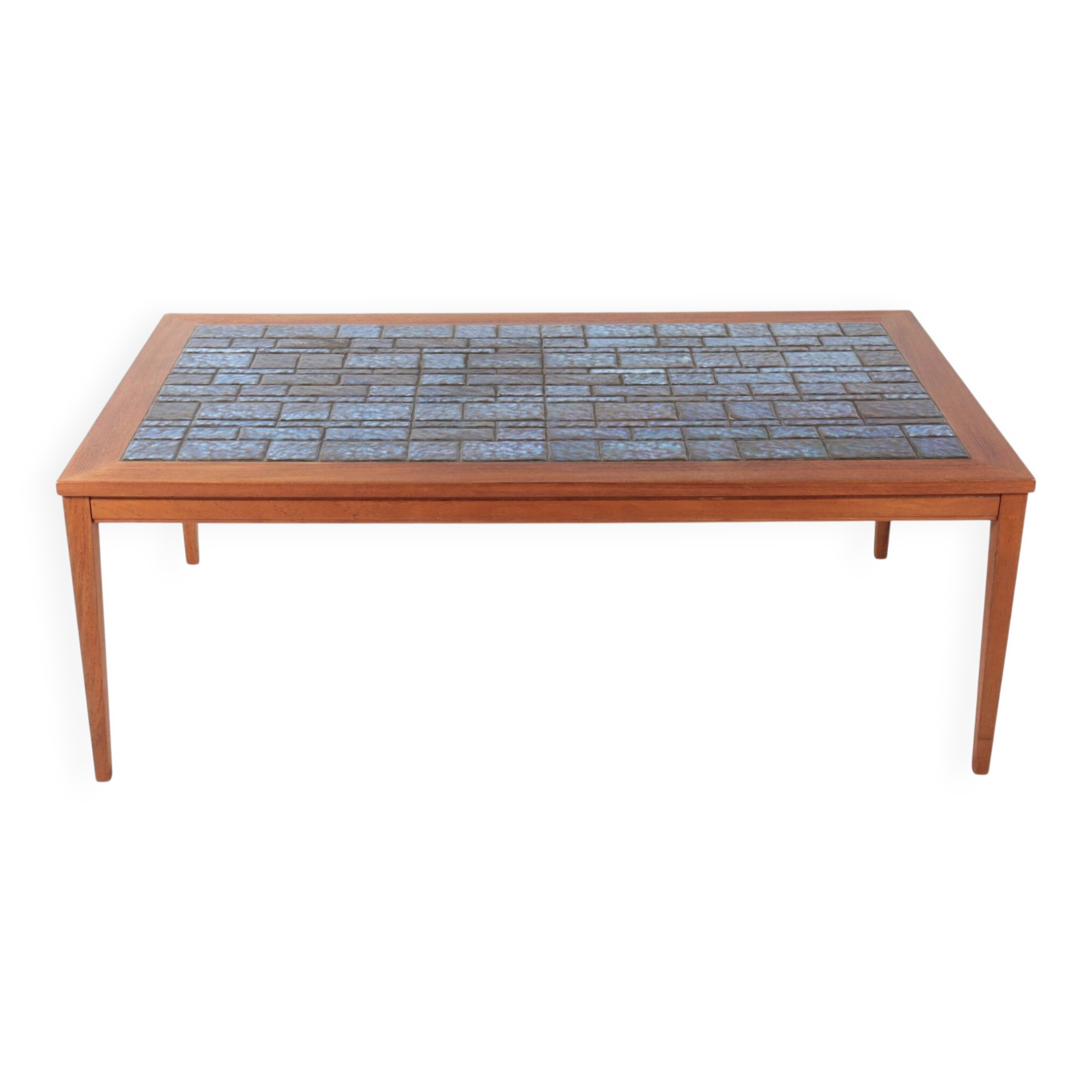 Danish coffee table in teak and blue ceramic.