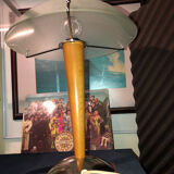 Table lamp legs chrome wood lampshade opaque glass.
