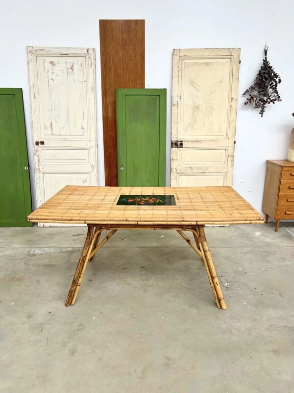 Table à manger Audoux Minet bambou rotin céramique signée La Roue Vallauris