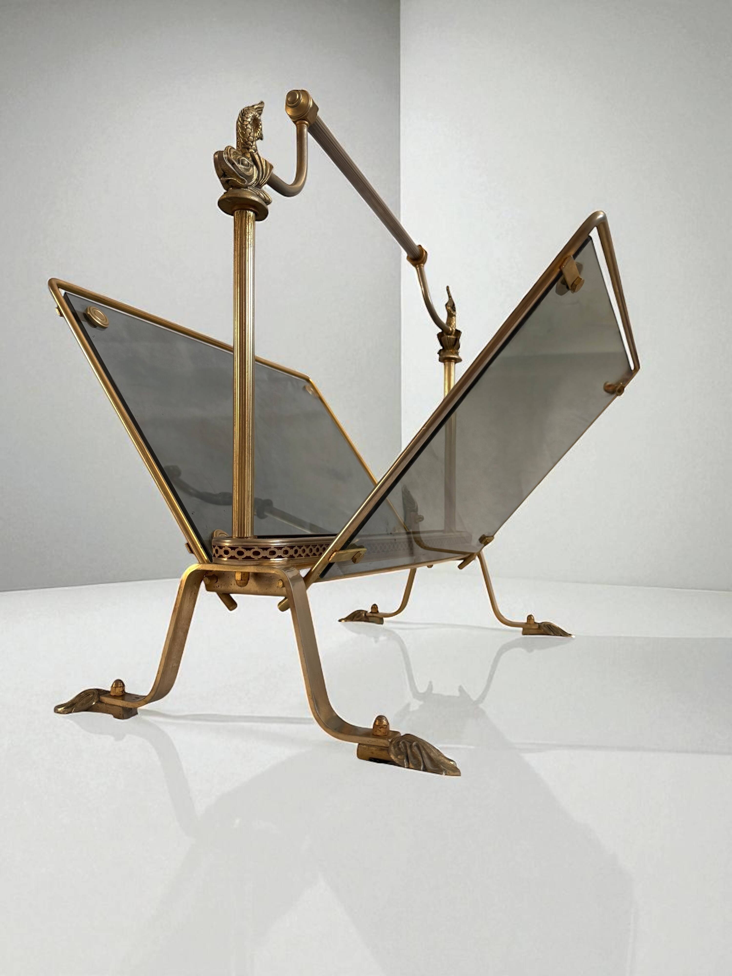 Magazine rack in brass and smoked glass, Maison Jansen style, 1950s